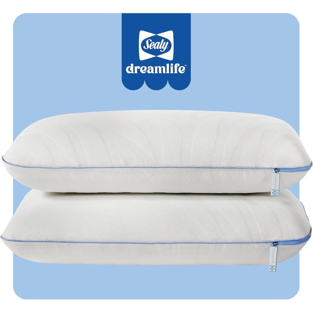 imageSealy Dreamlife Queen Size Memory Foam Cooling Pillow with Surface Guard Technology Removable MachineWashable Cover 1 Year Limited Warranty White 2 Pack2 pack