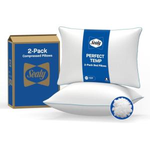 SEALY Perfect Temp Bed Pillows, Plush 100% Cotton Cover, Soft, Breathable, Temperature Balancing, Moisture Wicking, Hypoallergenic EverFluff Fiberfill, Machine Washable, Standard/Queen, White- 2 Pack(King)