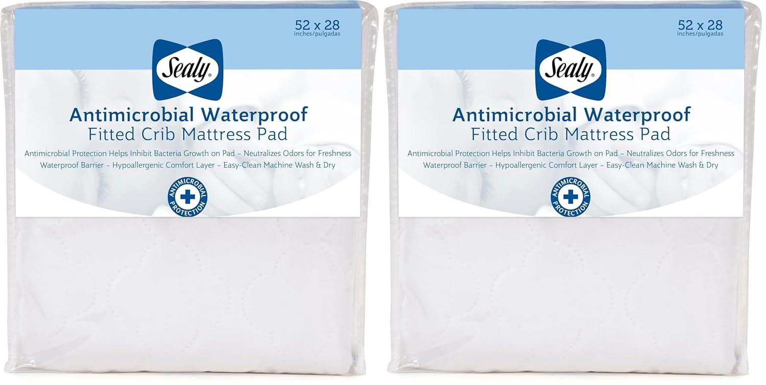 imageSealy Baby Antimicrobial Fitted Waterproof Infant Crib Mattress Protector Pad and Toddler Bed Cover Designed to Neutralize Odors Machine Washable and Dryer Friendly 52 x 28 WhiteCrib Pack of 2