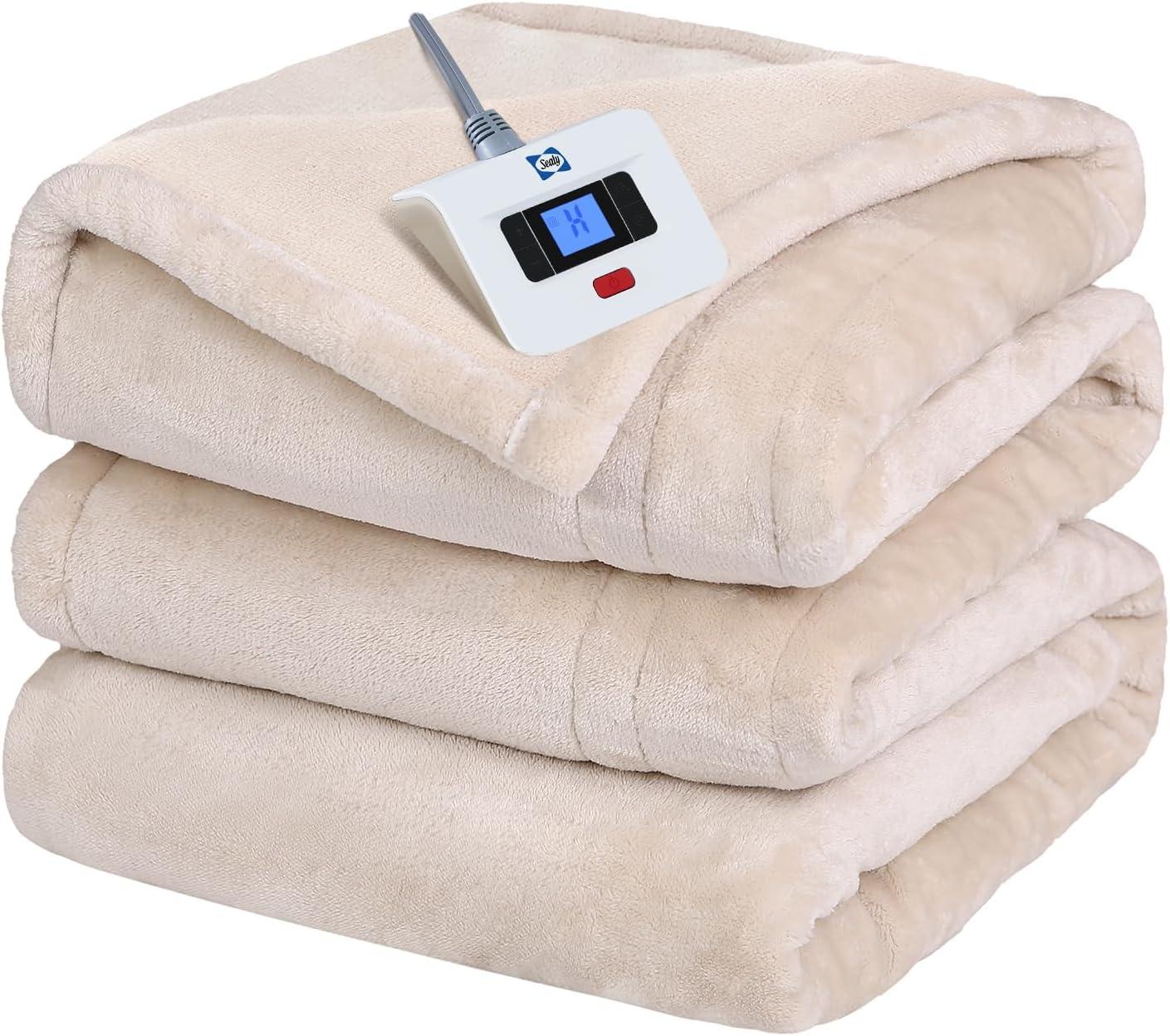 imageSealy Electric Blanket King Size Flannel Heated Blanket with10 Heating Levels ampamp Auto Shut Off Machine Washable Beige 100 x 90 InchBeige