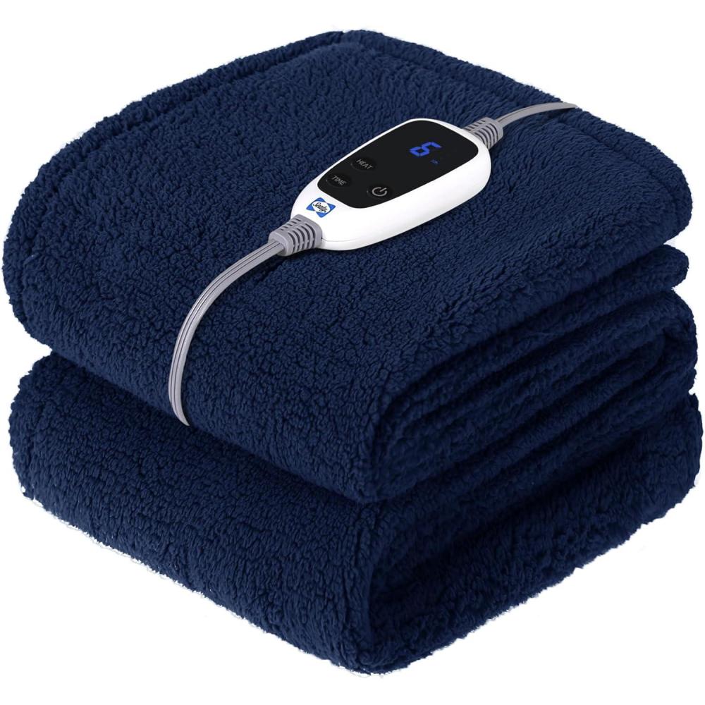 imageSEALY Electric Blanket Heated Throw 50quotx60quot Soft Double Sherpa Super Cozy with 6 Fast Heating Levels ampamp 210 Hours AutoOff OverHeat Protection Machine Washable CharcoalNavy