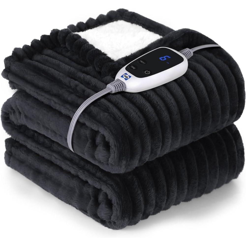 imageSEALY Electric Blanket Queen Size Soft Ribbed Flannel to Sherpa Reversible Heated Blanket with Dual Control 10 Heat Settings ampamp 1 to 12 Hours AutoOff 84quotx90quot Machine Washable Light GreyCharcoal