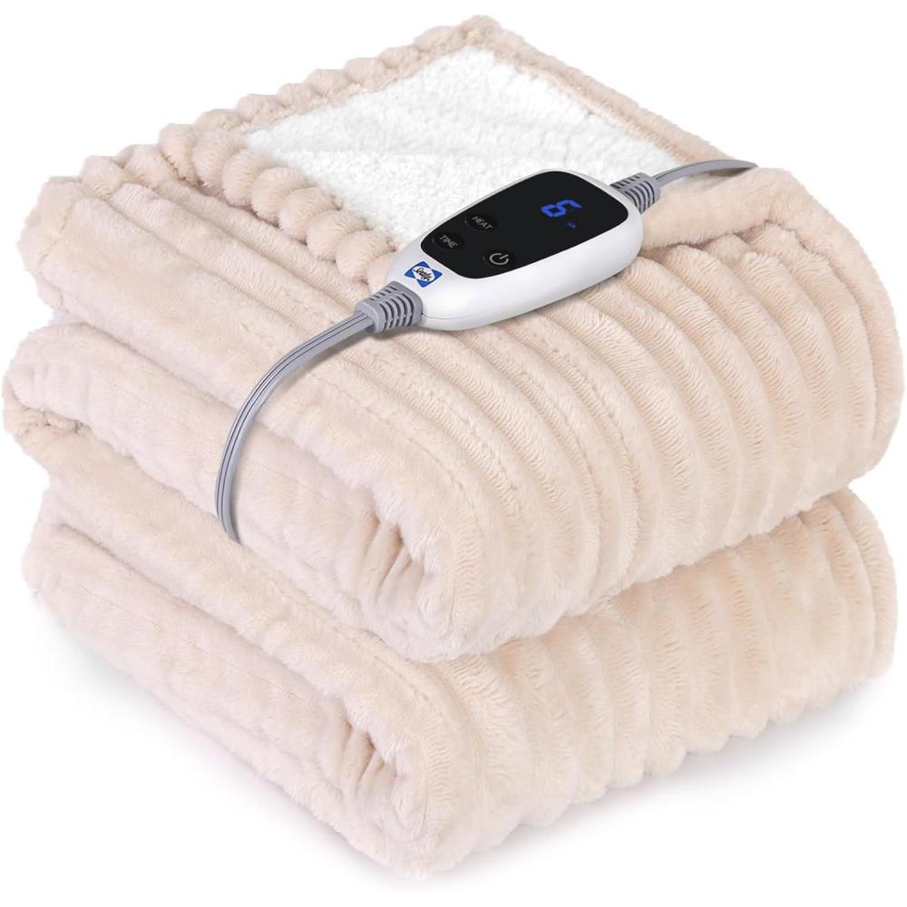 imageSEALY Electric Blanket Queen Size Soft Ribbed Flannel to Sherpa Reversible Heated Blanket with Dual Control 10 Heat Settings ampamp 1 to 12 Hours AutoOff 84quotx90quot Machine Washable Light GreyBeige