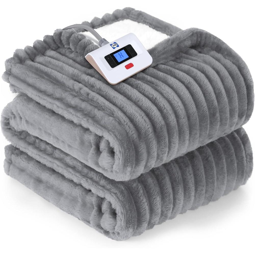 imageSEALY Electric Blanket Queen Size Soft Ribbed Flannel to Sherpa Reversible Heated Blanket with Dual Control 10 Heat Settings ampamp 1 to 12 Hours AutoOff 84quotx90quot Machine Washable Light GreyLight Grey