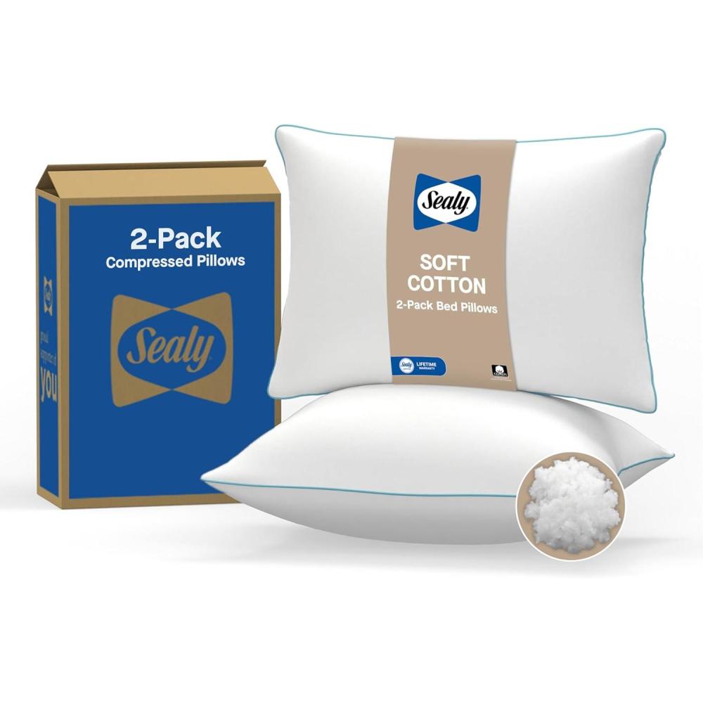 imageSEALY Slumber Bed Pillow Soft Breathable 100 Cotton Cover Temperature Balancing Moisture Wicking Hypoallergenic EverFluff Fiberfill Machine Washable StandardQueen Size Pillow White 2 PackQueen Pack of 2