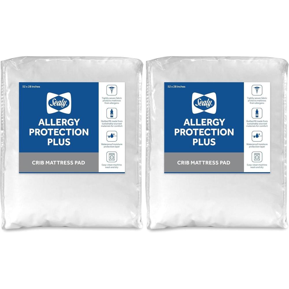 imageSealy Baby Allergy Protection Plus Fitted Waterproof Infant Crib Mattress Protector Pad and Toddler Bed Cover Durable ampamp Comfortable Topper Machine Washable and Dryer Friendly 52 x 28 White52x28 Inch Pack of 2