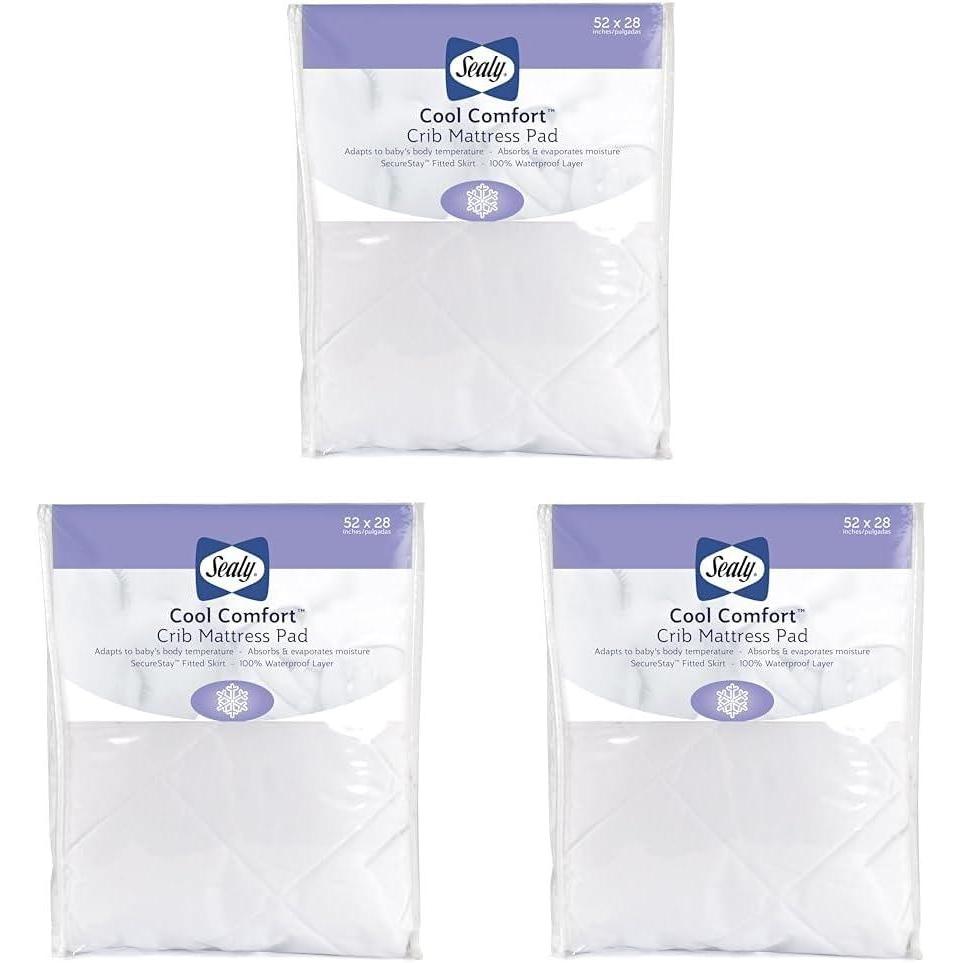 imageSealy Baby Cool Comfort Cooling Breathable Waterproof Crib Mattress Protector Pad Toddler Bed Cover Infant and Newborn Durable Comfortable Topper Machine Washable and Dryer Friendly 52x28 WhiteCrib Pack of 3