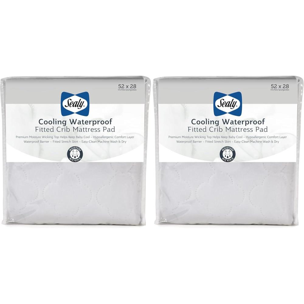 imageSealy Baby Cooling Moisture Wicking Crib Mattress Protector Pad and Toddler Bed Cover Fitted Waterproof Infant Durable and Comfortable Topper Machine Washable ampamp Dryer Friendly 52x28 WhiteFull Pack of 2