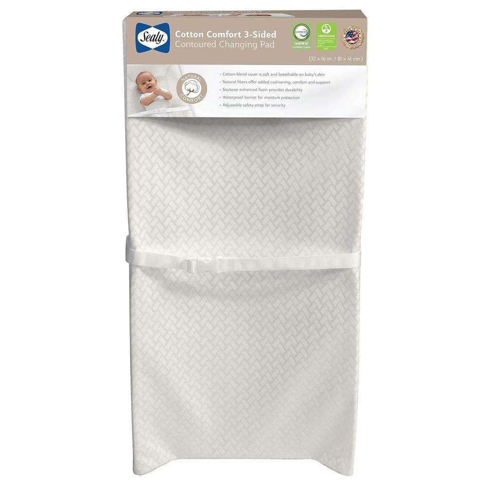 imageSealy Baby Cotton Comfort Waterproof 3Sided Contoured Diaper Changing Pad for Dresser or Table Durable Easy to Clean Surface Eco Friendlier Cover ampamp SoyEnhanced Foam Made in USA  White 32x16Cotton Comfort