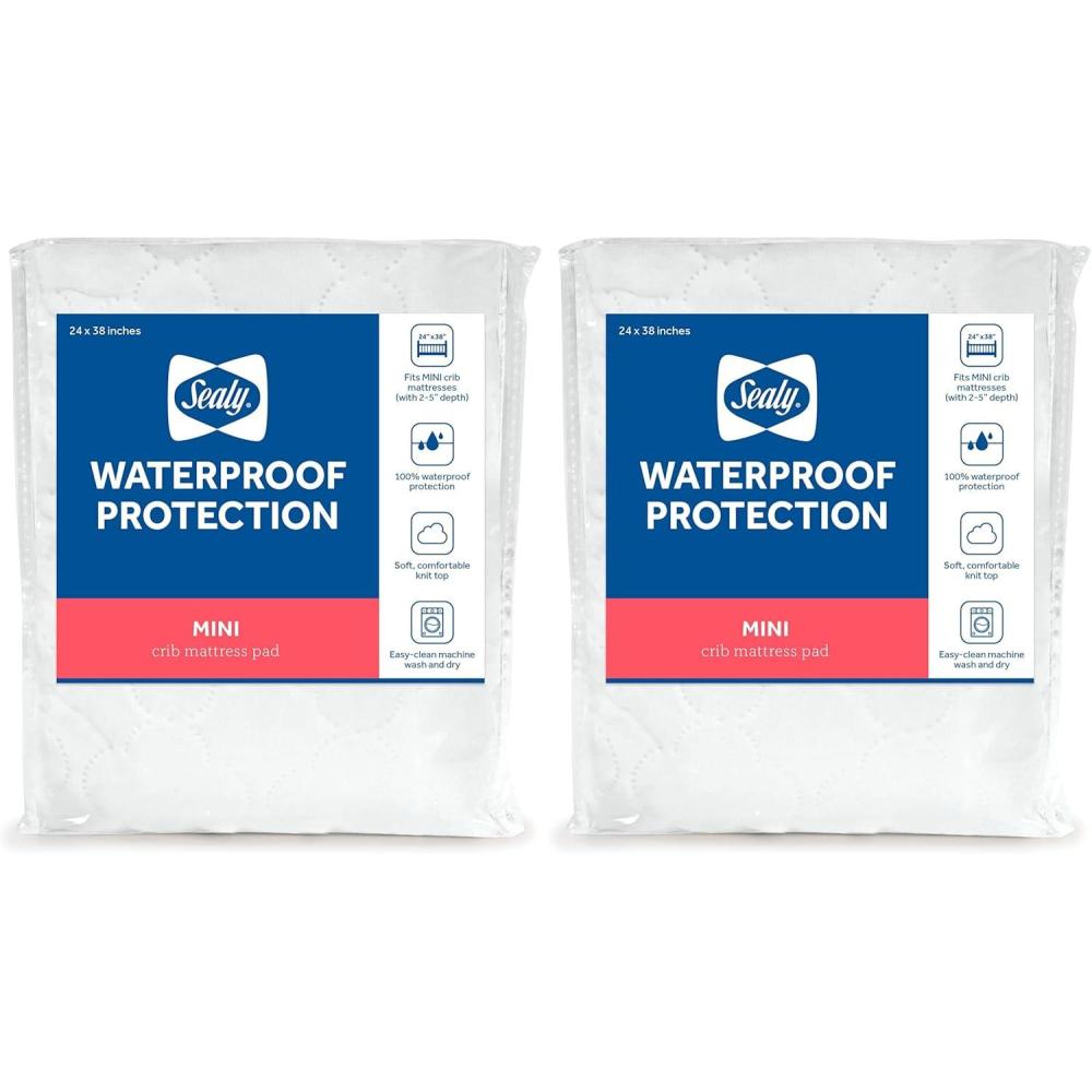 imageSealy Baby Mini Crib Mattress Protector Pad Cover Durable Waterproof Topper Portable and Comfortable for Newborns Infants and Toddlers Machine Washable and Dryer Friendly 38 x 24 WhiteMini Crib Pack of 2