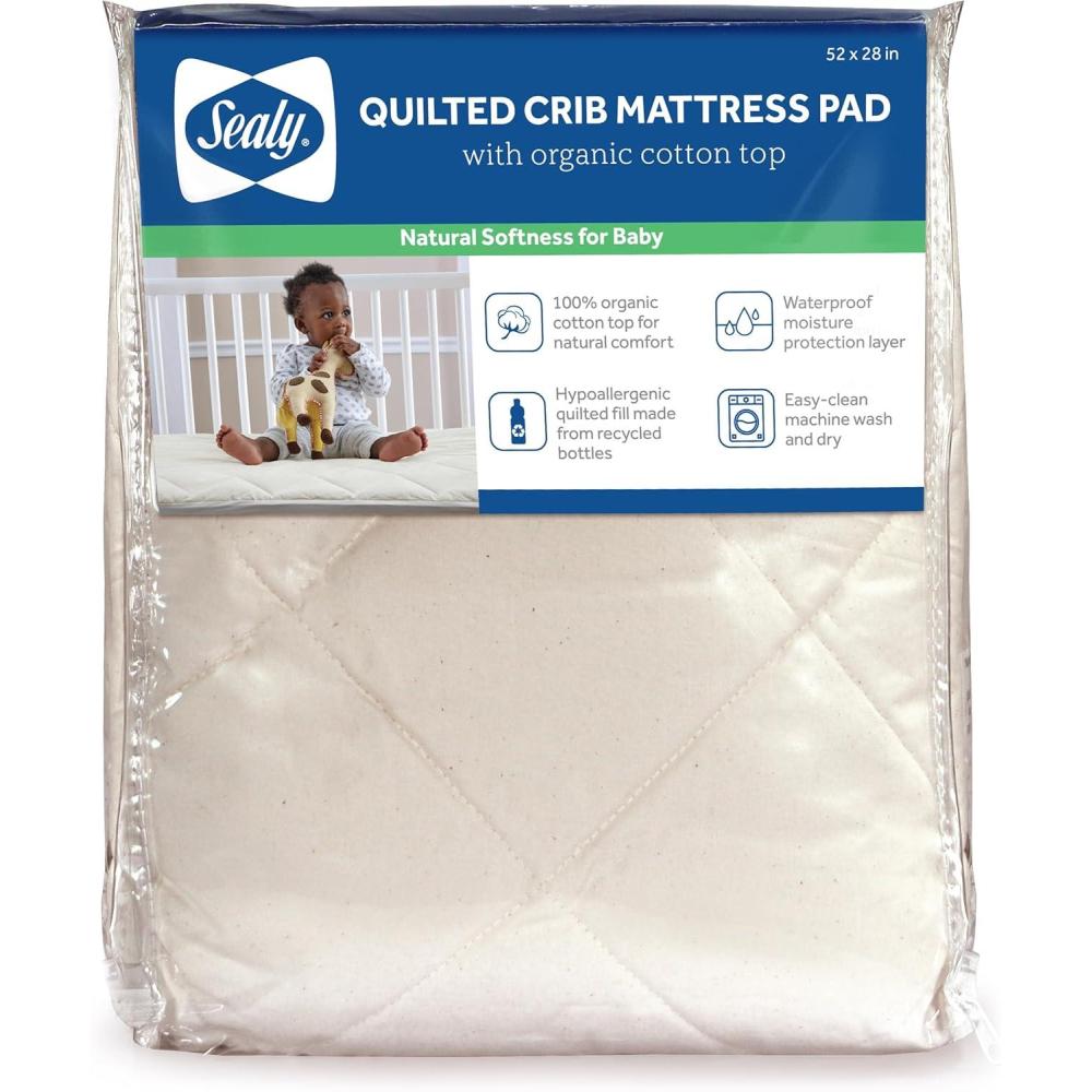imageSealy Baby Quilted Organic Cotton Top Breathable Fitted Waterproof Infant Crib Mattress Protector Pad and Toddler Bed Cover Durable and Comfortable Topper Machine Washable 52 x 28 CreamQuilted Organic