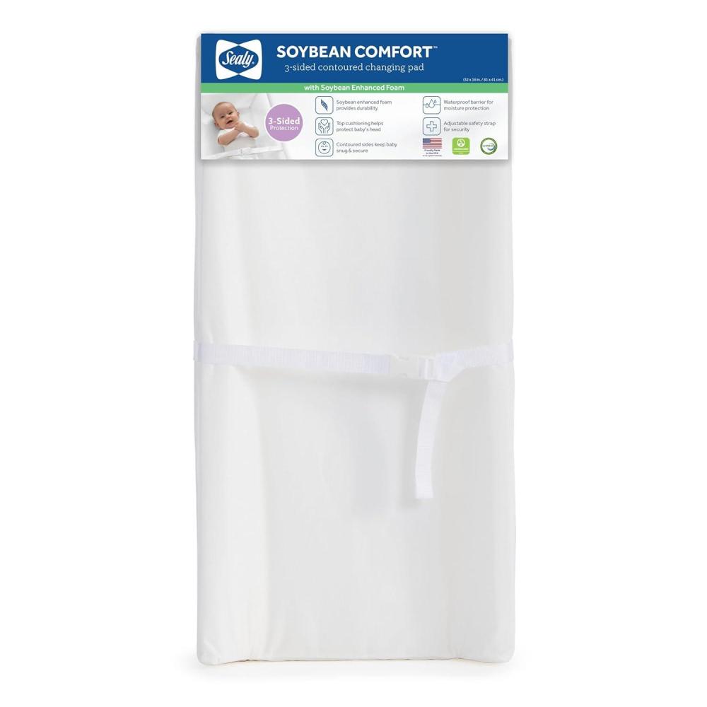 imageSealy Baby Soybean Comfort Waterproof Diaper Changing Pad for Dresser or Table Contoured 3Sided Wipeable Easy to Clean Surface ampamp Durable Premium Foam Made in USA White 32 x 16quotContoured Changing Pad