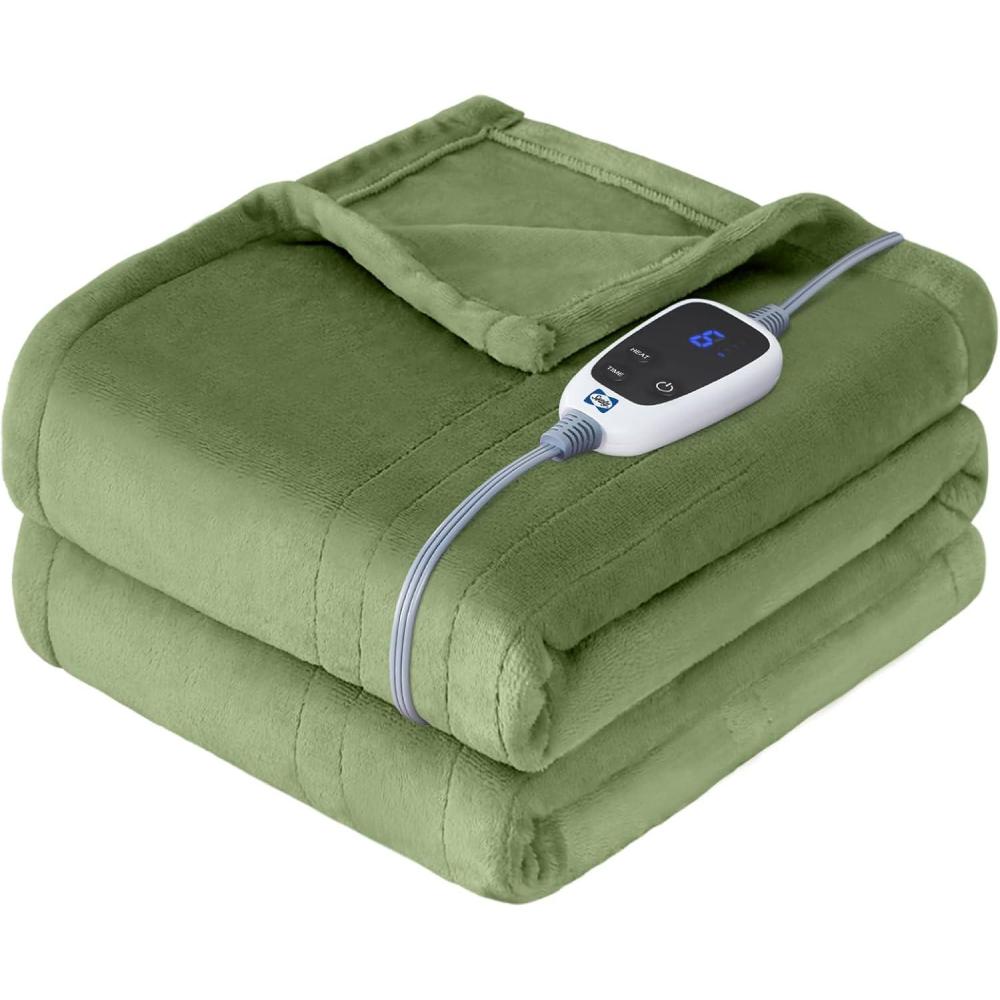 imageSealy Electric Blanket King Size Flannel Heated Blanket with10 Heating Levels ampamp Auto Shut Off Machine Washable Beige 100 x 90 InchGreen
