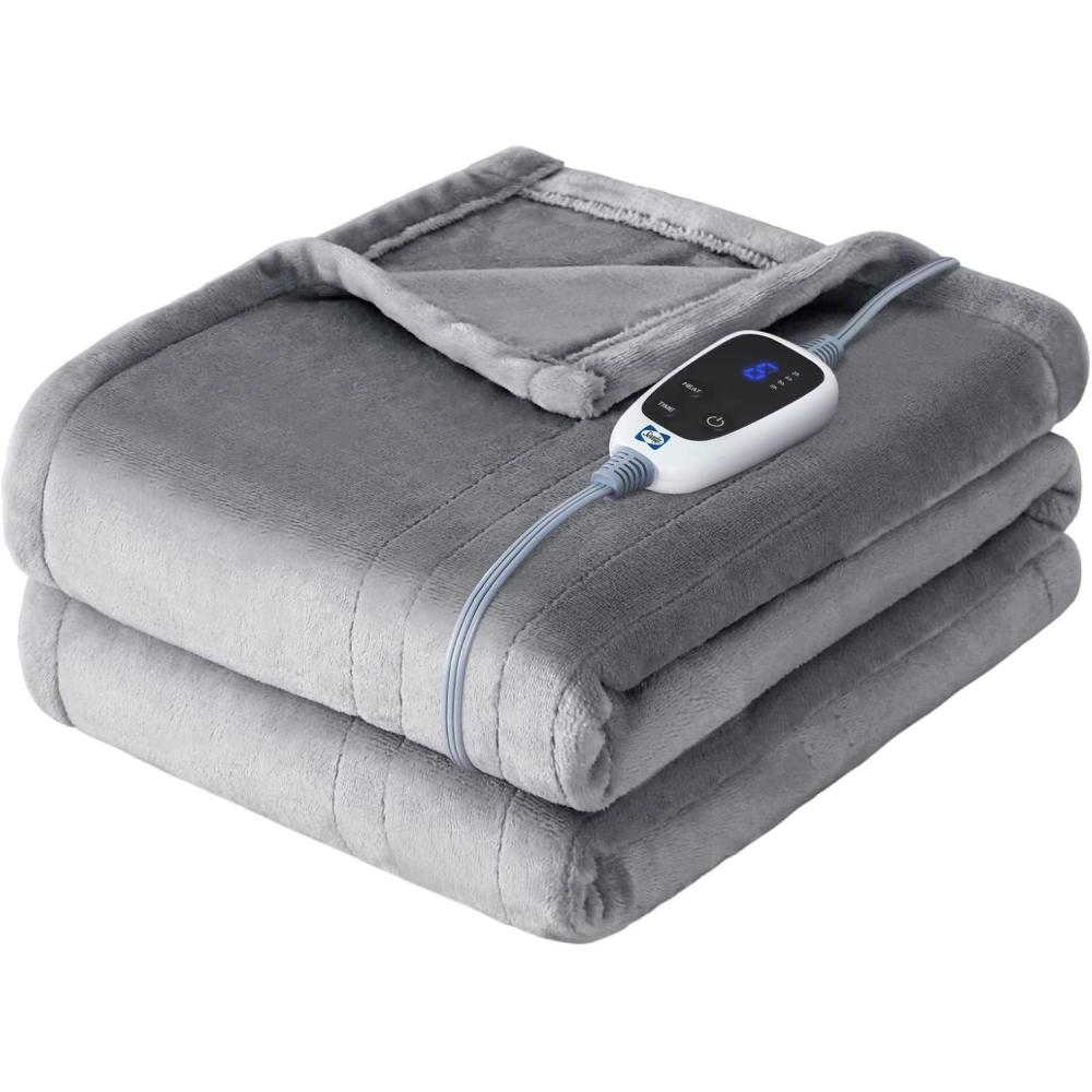 imageSealy Electric Blanket King Size Flannel Heated Blanket with10 Heating Levels ampamp Auto Shut Off Machine Washable Beige 100 x 90 InchLight Grey