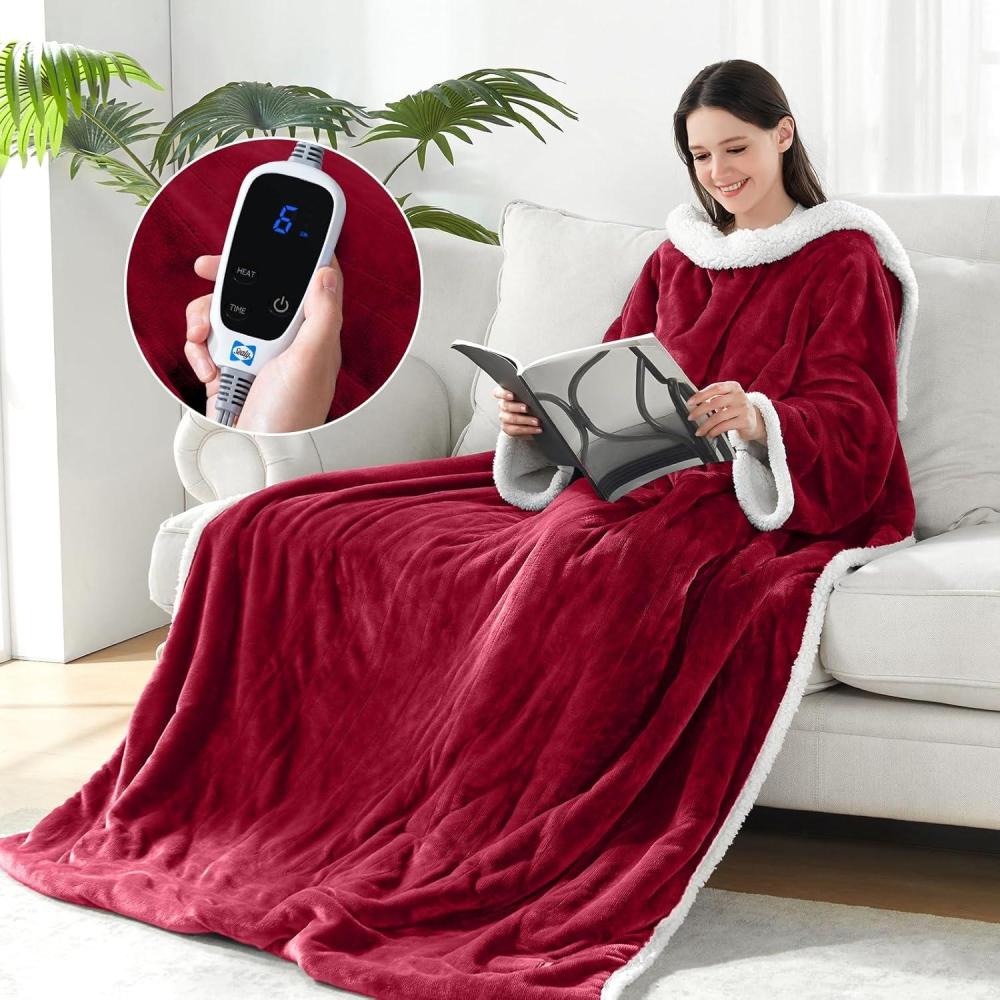 imageSealy Electric Blanket Wearable with Foot Pocket Electric Snuggle Blanket with Sleeves Flannel ampamp Sherpa Heating Throw with 6 Heat Settings ampamp 210 Hours Auto Shut Off 50  70quot18quot Dark GreyRed