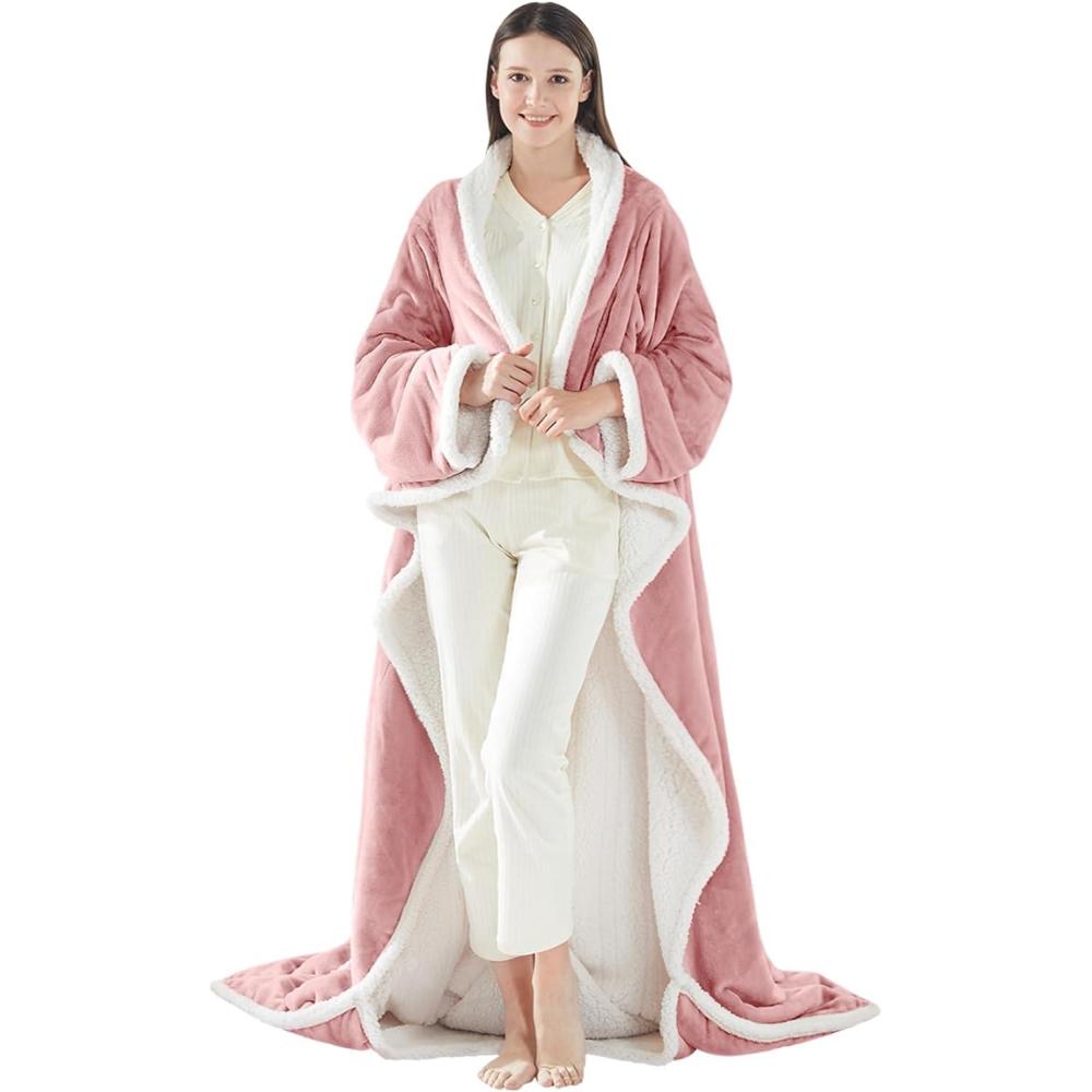 imageSealy Electric Blanket Wearable with Foot Pocket Electric Snuggle Blanket with Sleeves Flannel ampamp Sherpa Heating Throw with 6 Heat Settings ampamp 210 Hours Auto Shut Off 50  70quot18quot Dark GreyPink