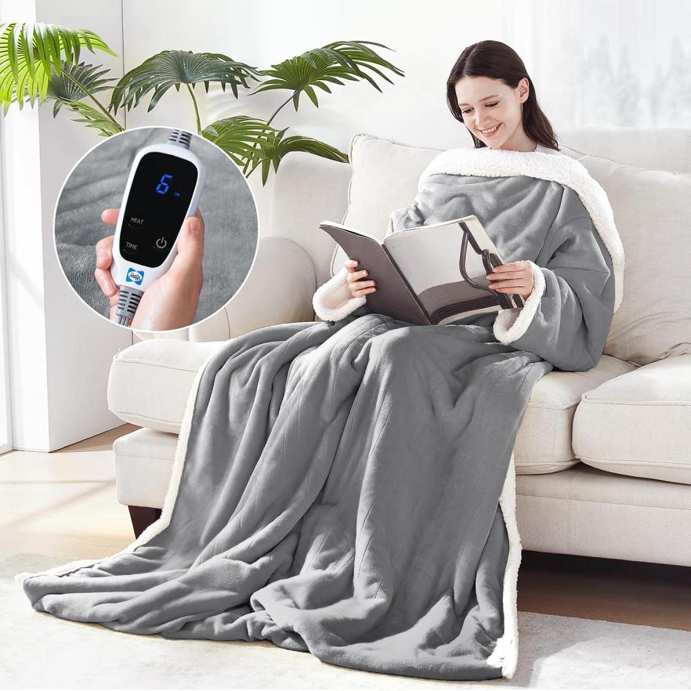 imageSealy Electric Blanket Wearable with Foot Pocket Electric Snuggle Blanket with Sleeves Flannel ampamp Sherpa Heating Throw with 6 Heat Settings ampamp 210 Hours Auto Shut Off 50  70quot18quot Dark GreyLight Grey