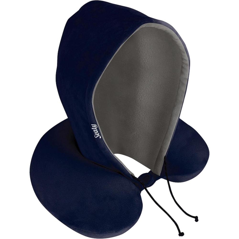 imageSealy Travel Pillow  Airplane Neck Pillow with Hood Travel Neck Pillow for Airplanes Memory Foam Travel Pillow Premium Support Travel Pillows for Long FlightsNavy