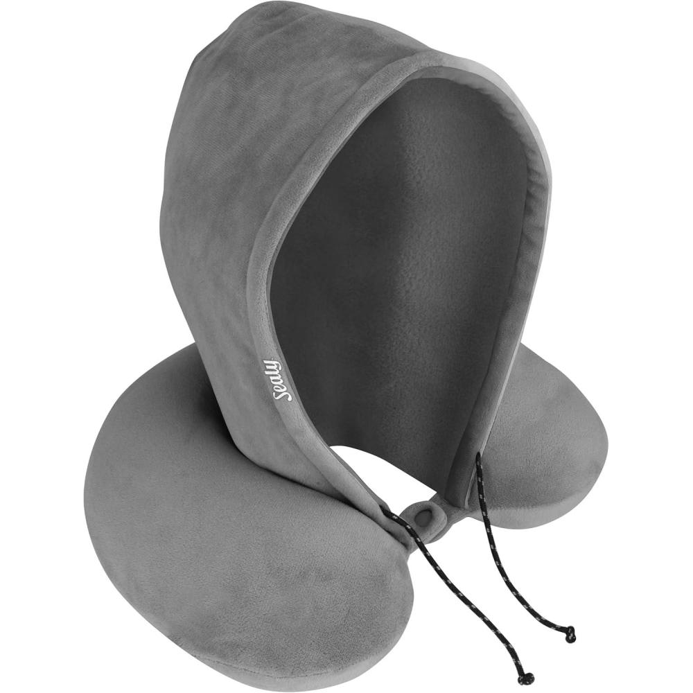 imageSealy Travel Pillow  Airplane Neck Pillow with Hood Travel Neck Pillow for Airplanes Memory Foam Travel Pillow Premium Support Travel Pillows for Long FlightsGray