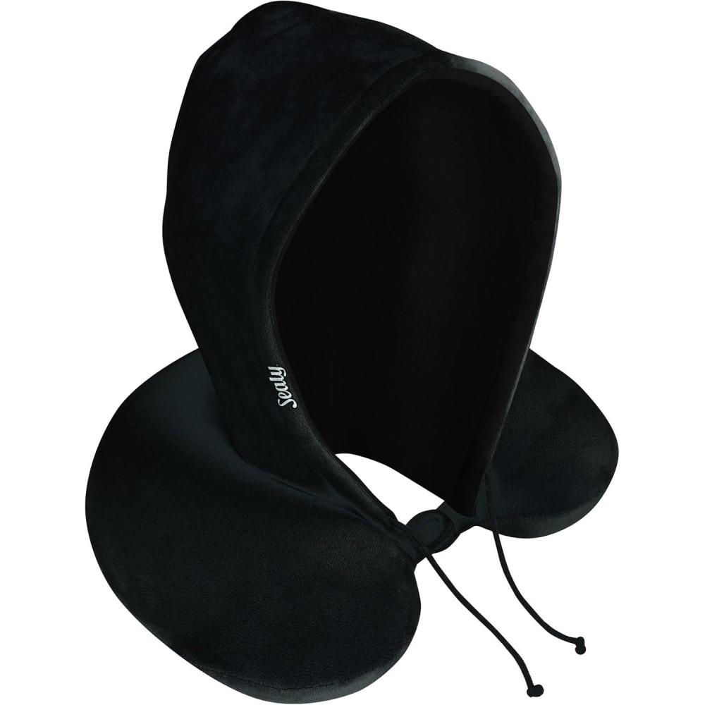 imageSealy Travel Pillow  Airplane Neck Pillow with Hood Travel Neck Pillow for Airplanes Memory Foam Travel Pillow Premium Support Travel Pillows for Long FlightsBlack