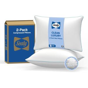 SEALY Clean Luxury Slumber Pillow, Odor Inhibiting, Cotton Cover Machine Washable, Standard/Queen, White, 2 Pack (King)