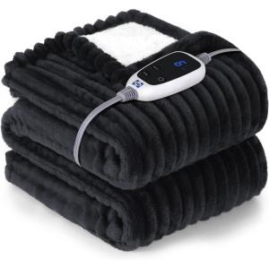 SEALY Electric Blanket Queen Size, Soft Ribbed Flannel to Sherpa Reversible Heated Blanket with Dual Control 10 Heat Settings & 1 to 12 Hours Auto-Off 84″x90″ Machine Washable, Light Grey(Charcoal)