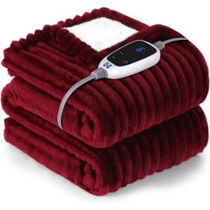SEALY Electric Blanket Queen Size, Soft Ribbed Flannel to Sherpa Reversible Heated Blanket with Dual Control 10 Heat Settings & 1 to 12 Hours Auto-Off 84″x90″ Machine Washable, Light Grey(Red)