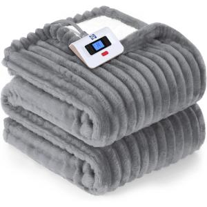 SEALY Electric Blanket Queen Size, Soft Ribbed Flannel to Sherpa Reversible Heated Blanket with Dual Control 10 Heat Settings & 1 to 12 Hours Auto-Off 84″x90″ Machine Washable, Light Grey(Light Grey)