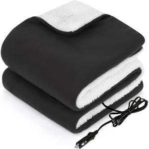 Sealy 12-Volt Heated Car Blanket with 2 USB Output Ports, 3 Heating Levels & 4 Hours Auto Off, Electric Blanket for Car, Truck, SUV, RV or Camping, Machine Washable, 59″ X 43″, Plaid(Charcoal)