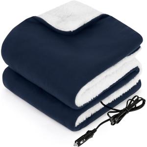 Sealy 12-Volt Heated Car Blanket with 2 USB Output Ports, 3 Heating Levels & 4 Hours Auto Off, Electric Blanket for Car, Truck, SUV, RV or Camping, Machine Washable, 59″ X 43″, Plaid(Navy)