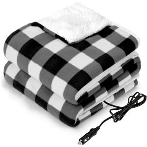 Sealy 12-Volt Heated Car Blanket with 2 USB Output Ports, 3 Heating Levels & 4 Hours Auto Off, Electric Blanket for Car, Truck, SUV, RV or Camping, Machine Washable, 59″ X 43″, Plaid(Black Plaid)
