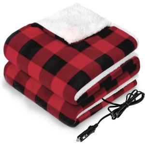 Sealy 12-Volt Heated Car Blanket with 2 USB Output Ports, 3 Heating Levels & 4 Hours Auto Off, Electric Blanket for Car, Truck, SUV, RV or Camping, Machine Washable, 59″ X 43″, Plaid(Red Plaid)