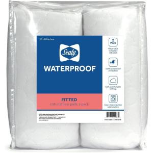 Sealy Baby 2-PACK Fitted Waterproof Infant Crib Mattress Protector Pad and Toddler Bed Cover, Durable and Comfortable Topper, Machine Washable and Dryer Friendly, 52×28”- White(Pack of 2)