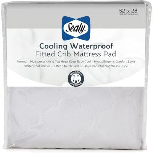 Sealy Baby Cooling Moisture Wicking Crib Mattress Protector Pad and Toddler Bed Cover, Fitted Waterproof Infant Durable and Comfortable Topper, Machine Washable & Dryer Friendly, 52×28”- White(Crib)