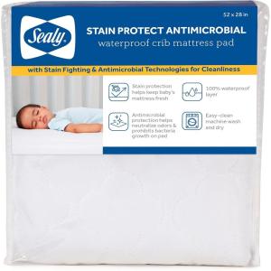 Sealy Baby Stain Protect Antimicrobial Fitted Waterproof Infant Crib Mattress Protector Pad and Toddler Bed Cover, Durable and Comfortable Topper, Machine Washable & Dryer Friendly, 52” x 28”- White(Antimicrobial)