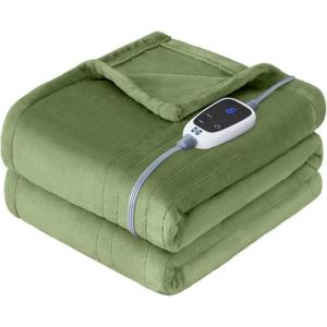 Sealy Electric Blanket King Size, Flannel Heated Blanket with10 Heating Levels & Auto Shut Off, Machine Washable, Beige, 100 x 90 Inch(Green)