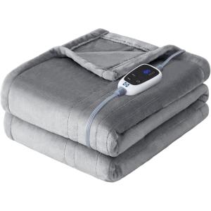 Sealy Electric Blanket King Size, Flannel Heated Blanket with10 Heating Levels & Auto Shut Off, Machine Washable, Beige, 100 x 90 Inch(Light Grey)