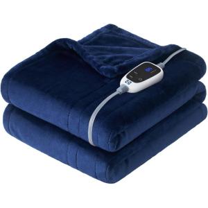 Sealy Electric Blanket King Size, Flannel Heated Blanket with10 Heating Levels & Auto Shut Off, Machine Washable, Beige, 100 x 90 Inch(Navy)