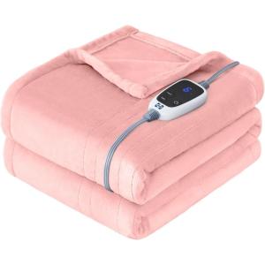 Sealy Electric Blanket King Size, Flannel Heated Blanket with10 Heating Levels & Auto Shut Off, Machine Washable, Beige, 100 x 90 Inch(Pink)