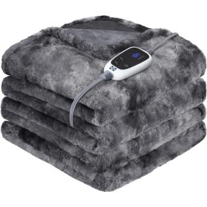 Sealy Electric Blanket Queen Size, Faux Fur & Flannel Heated Blanket with 10 Heat Setting & 1-12 Hour Auto Shut Off, Fast Heating Blanket, Machine Washable, Grey, 84 x 90 Inch(Grey)