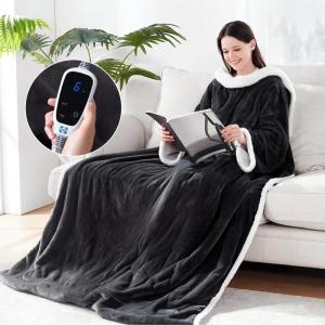 Sealy Electric Blanket Wearable with Foot Pocket, Electric Snuggle Blanket with Sleeves, Flannel & Sherpa Heating Throw with 6 Heat Settings & 2-10 Hours Auto Shut Off, 50 * 70″+18″, Dark Grey(Charcoal)