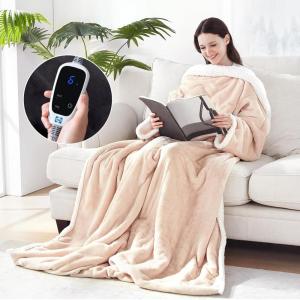 Sealy Electric Blanket Wearable with Foot Pocket, Electric Snuggle Blanket with Sleeves, Flannel & Sherpa Heating Throw with 6 Heat Settings & 2-10 Hours Auto Shut Off, 50 * 70″+18″, Dark Grey(Beige)