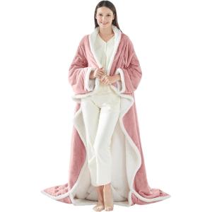 Sealy Electric Blanket Wearable with Foot Pocket, Electric Snuggle Blanket with Sleeves, Flannel & Sherpa Heating Throw with 6 Heat Settings & 2-10 Hours Auto Shut Off, 50 * 70″+18″, Dark Grey(Pink)