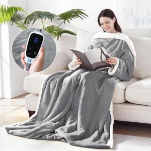 Sealy Electric Blanket Wearable with Foot Pocket, Electric Snuggle Blanket with Sleeves, Flannel & Sherpa Heating Throw with 6 Heat Settings & 2-10 Hours Auto Shut Off, 50 * 70″+18″, Dark Grey(Light Grey)