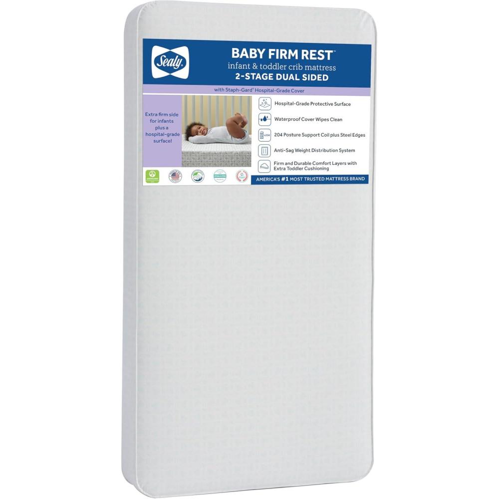 image:imageSealy Baby Firm Rest Antibacterial Breathable Crib Mattress Made in USA GREENGUARD Gold Certified 204 Steel Coils 2 Stage Toddler Bed Fit Waterproof Non Toxic Safety amp Quality Tested 52x28Aqua