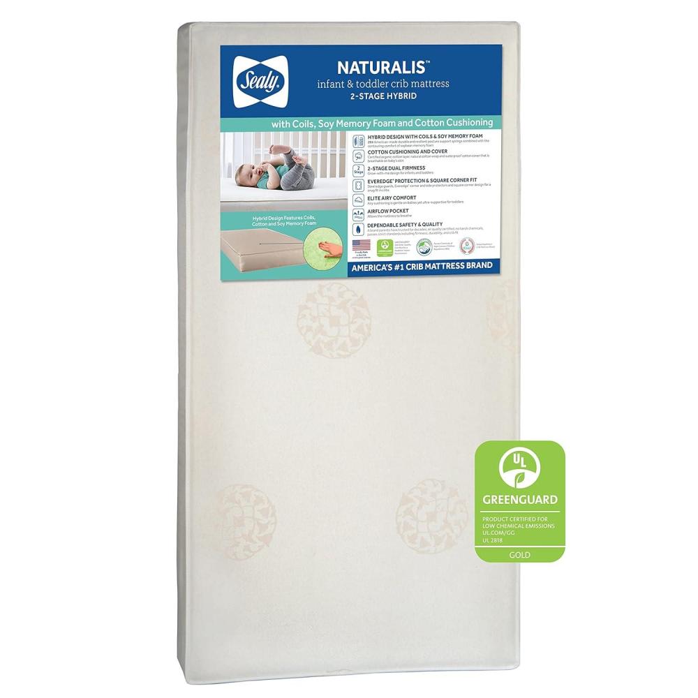 image:imageSealy Baby Naturalis Breathable Hybrid 2 Stage Waterproof Crib Mattress plus Toddler Bed Fit Natural Cotton Non Toxic GREENGUARD Gold Certified Safety amp Quality Tested Made in USA 52X28Mattress