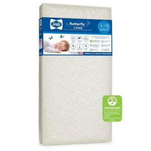 Sealy Baby Butterfly 2 Stage Waterproof Crib Mattress plus Toddler Bed Fit, Premium Foam, Washable Easy Clean Zip Off Cover, GREENGUARD Gold Certified, Safety & Quality Tested, Made in USA, 52″X28″(White Bright Laminate)