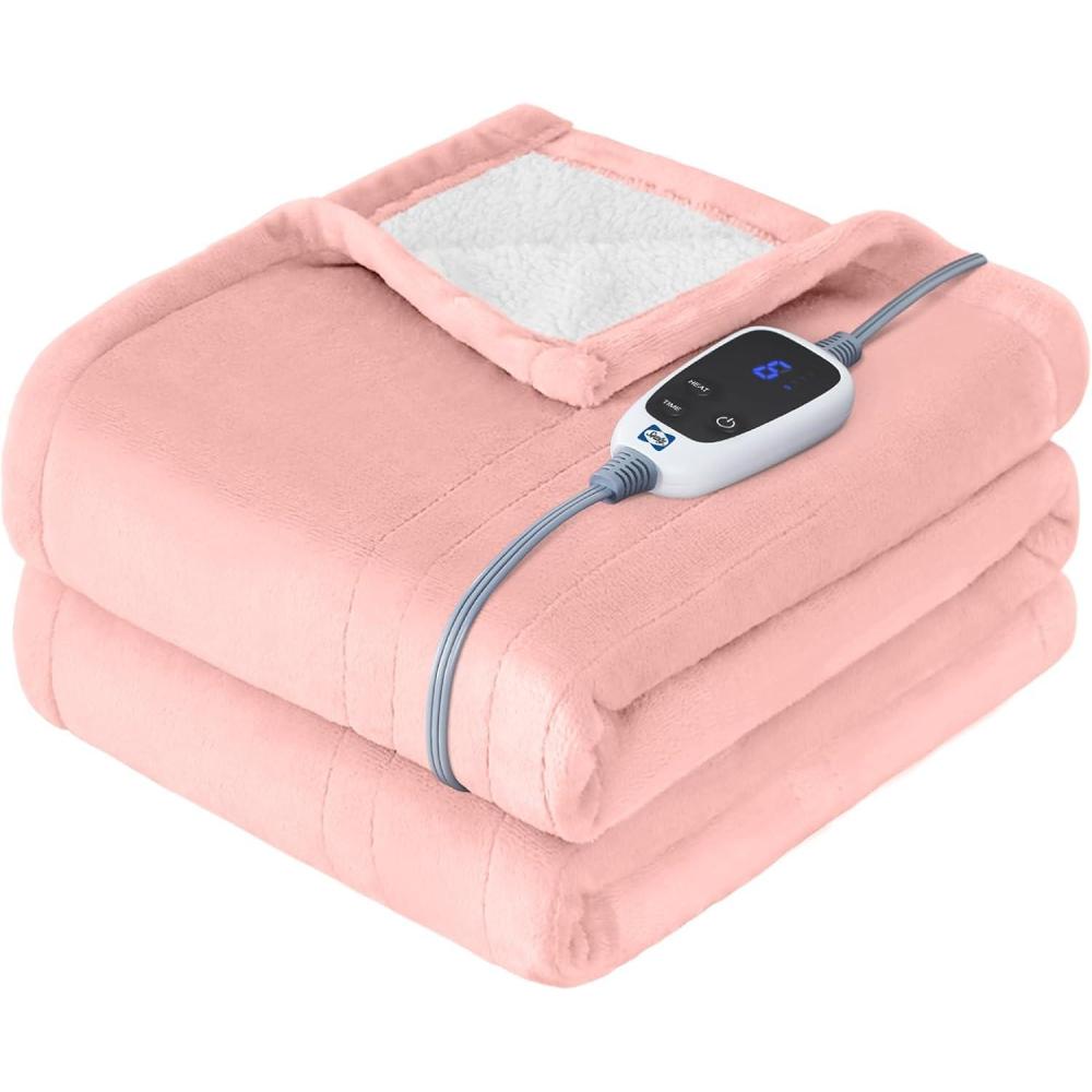 image:imageSEALY Electric Blanket Queen Size Flannel amp Sherpa Heated Blanket with 10 Heat Setting amp 112 Hour Auto Shut Off Fast Heating Blanket Machine Washable Beige 84 x 90 InchPink