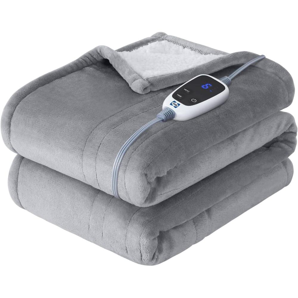 image:imageSEALY Electric Blanket Queen Size Flannel amp Sherpa Heated Blanket with 10 Heat Setting amp 112 Hour Auto Shut Off Fast Heating Blanket Machine Washable Beige 84 x 90 InchLight Grey