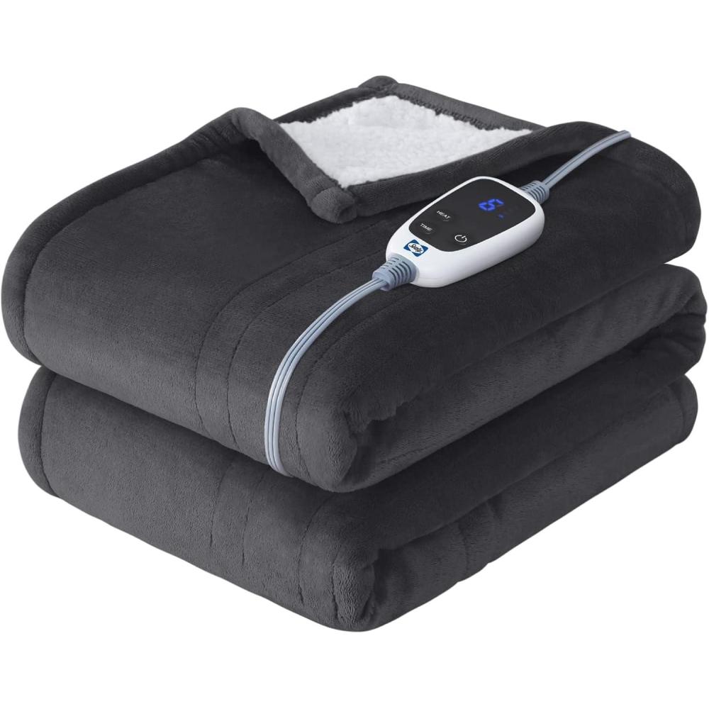 image:imageSEALY Electric Blanket Queen Size Flannel amp Sherpa Heated Blanket with 10 Heat Setting amp 112 Hour Auto Shut Off Fast Heating Blanket Machine Washable Beige 84 x 90 InchDark Grey